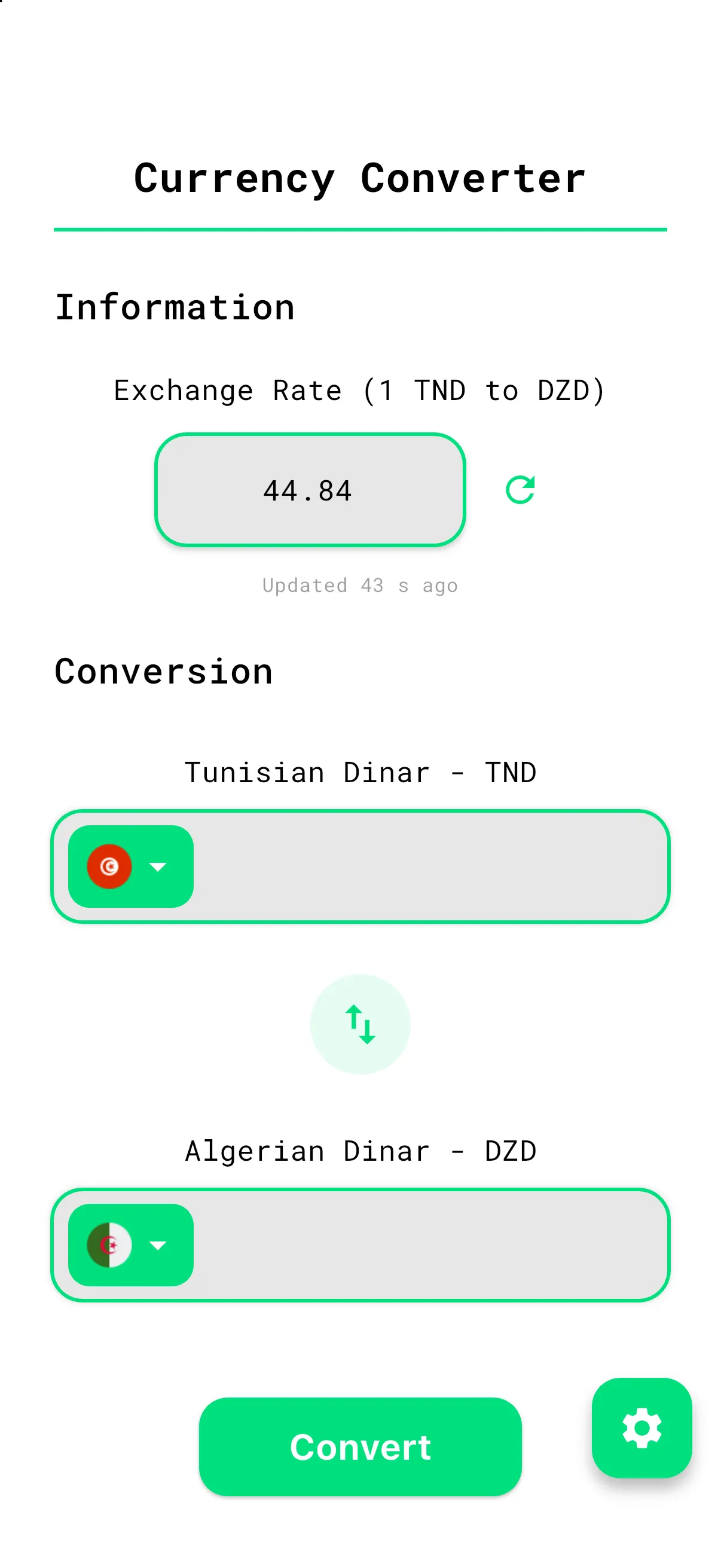 Converti converter screen with the exchange rate from Tunisian dinar to Algerian dinar