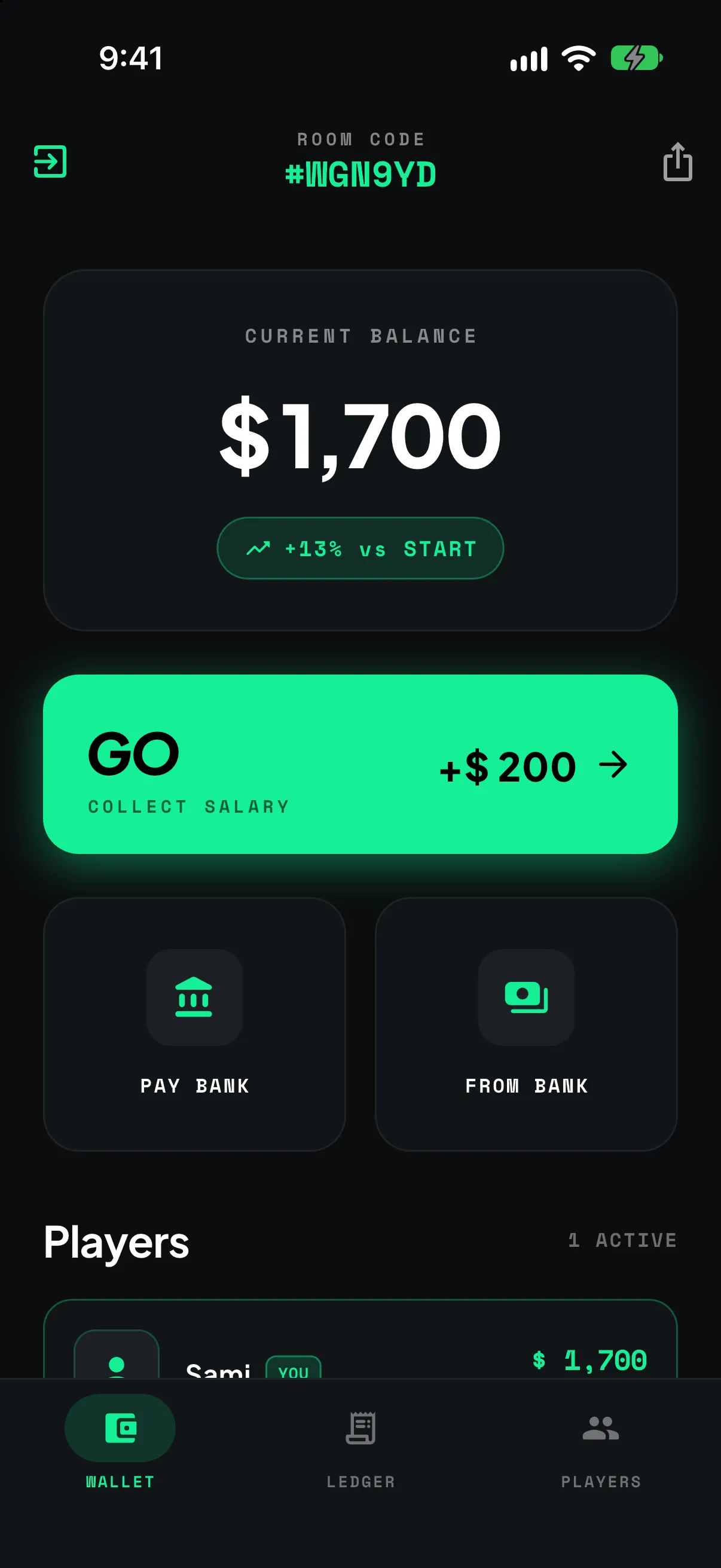 MonoLedger wallet screen with a current balance, a GO salary button and pay-bank actions