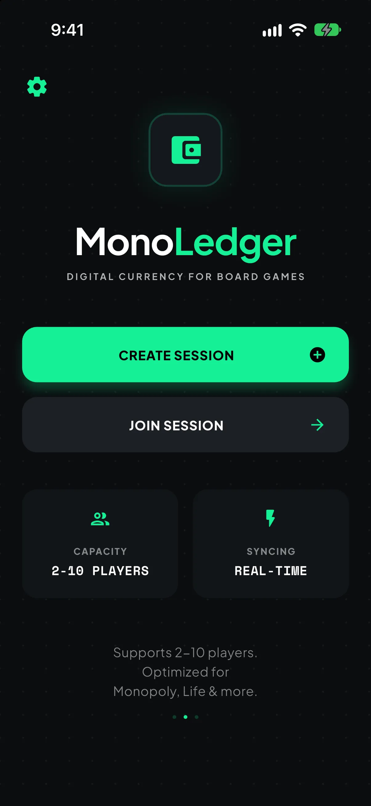 MonoLedger home screen with create and join session buttons