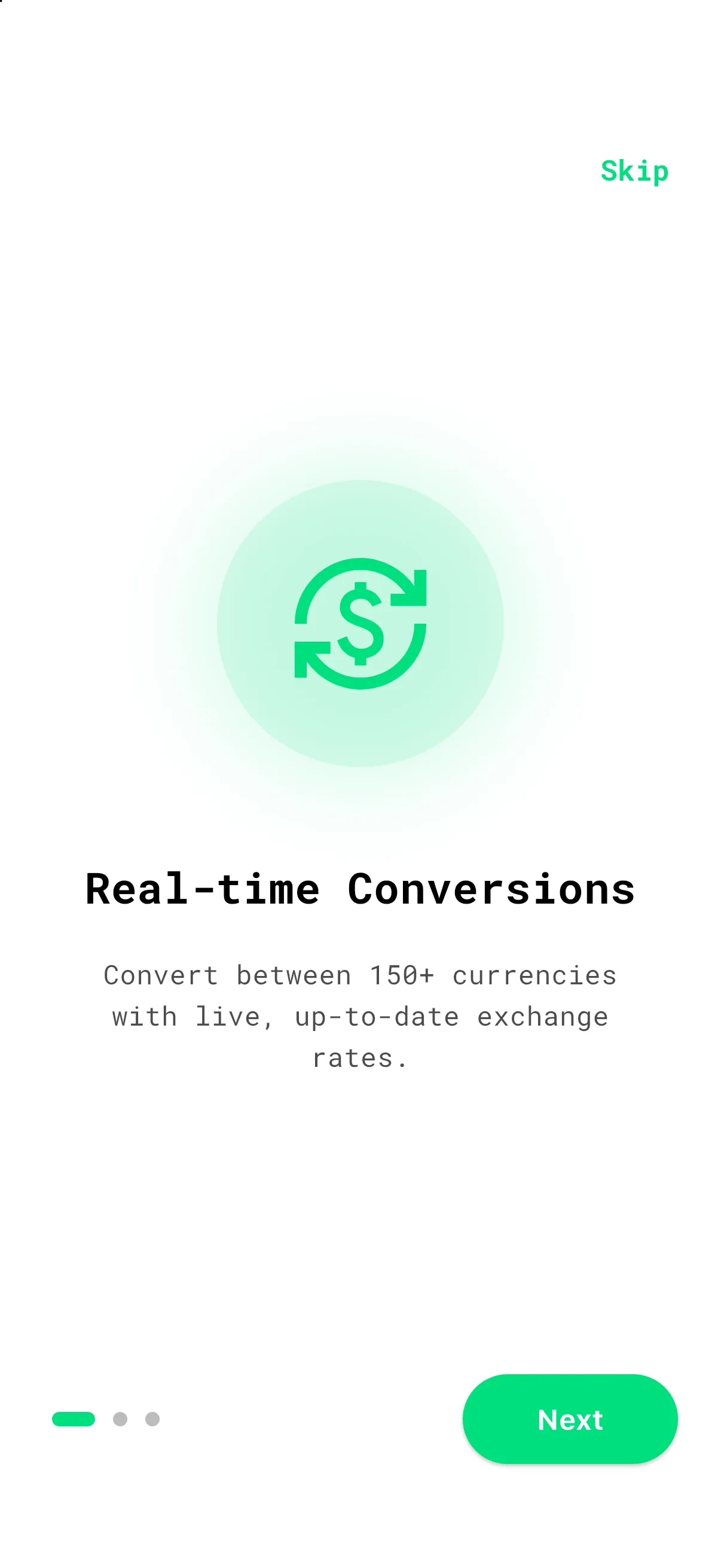 Converti welcome screen: real-time conversions