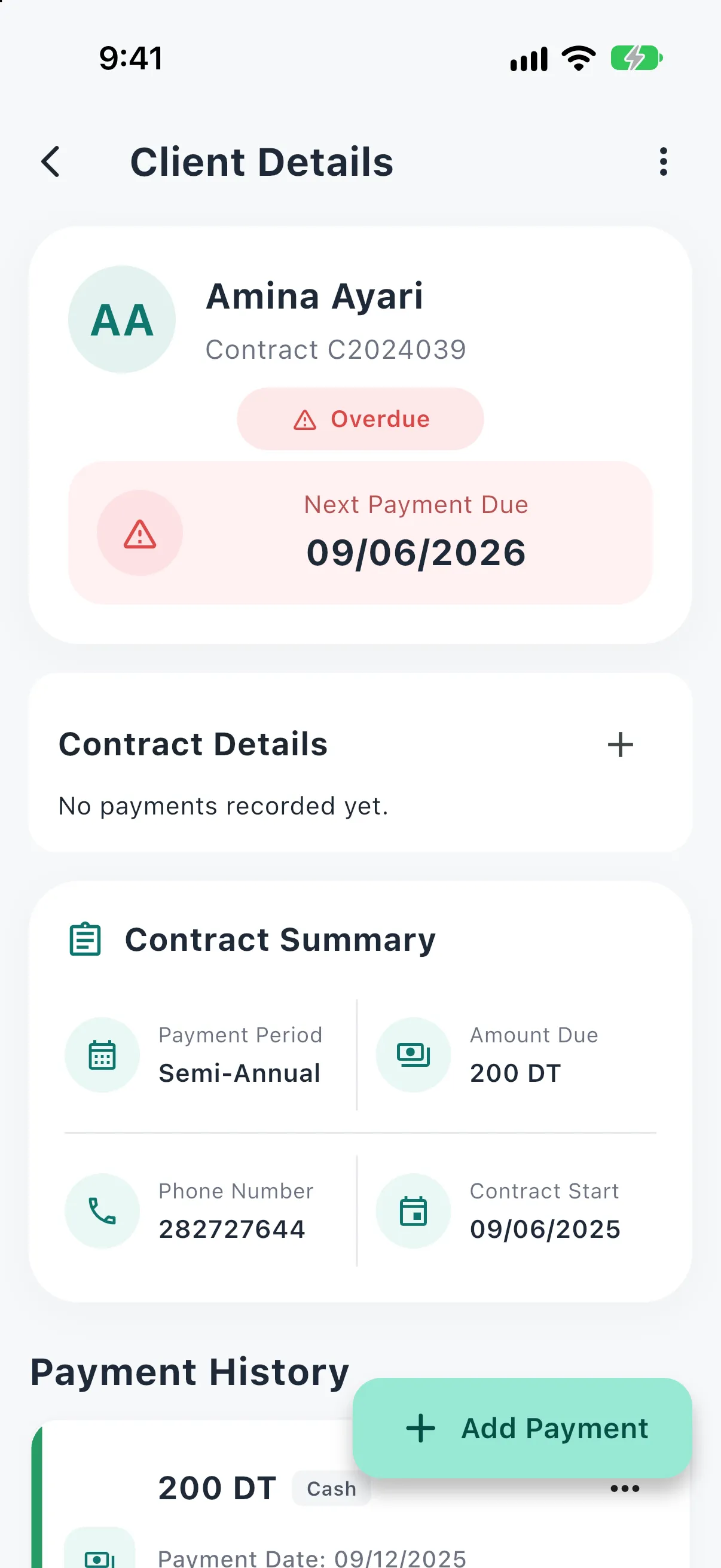 PayCheck client details with a contract summary