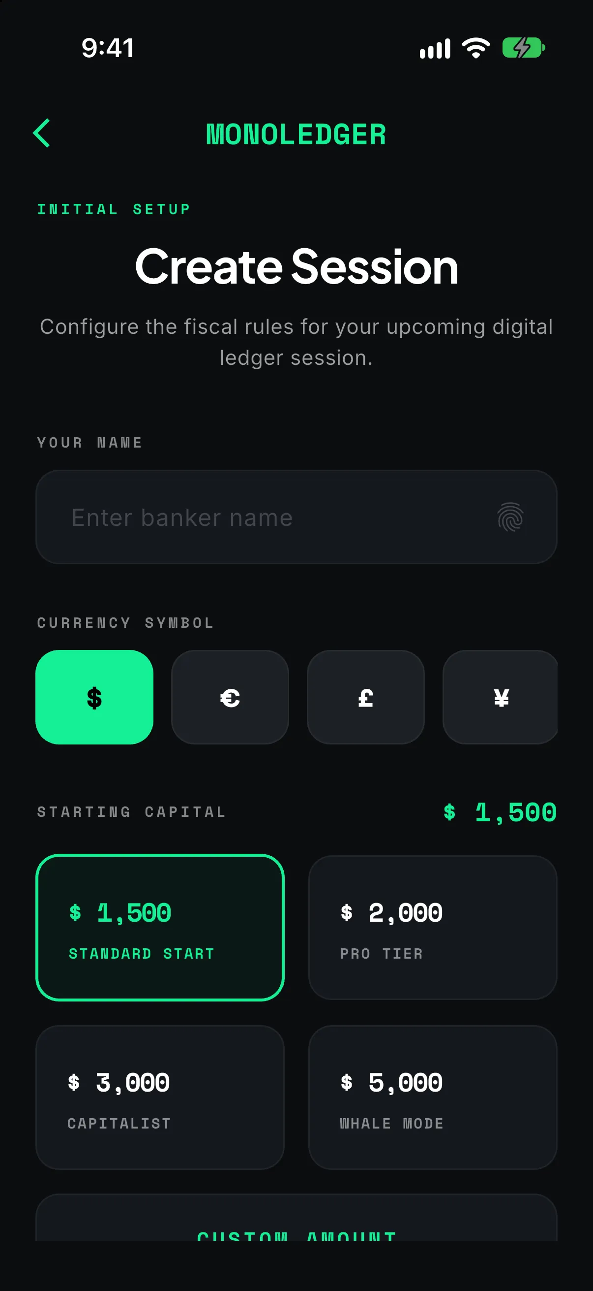 MonoLedger create session screen with currency symbol and starting capital options
